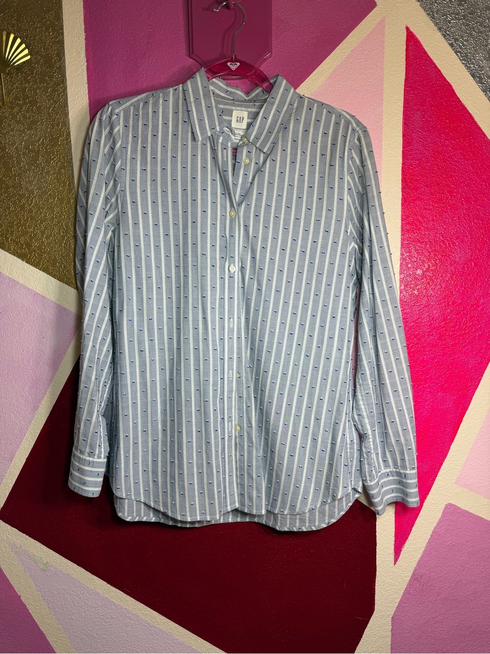 Gap Fitted Boyfriend Shirt Sz M Blue Striped Dobby Dot Button Up